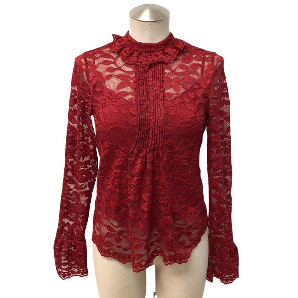J.Crew Victorian Lace Top Womens 2 Red Mock Neck Ruffle Long Sleeve Pintuck